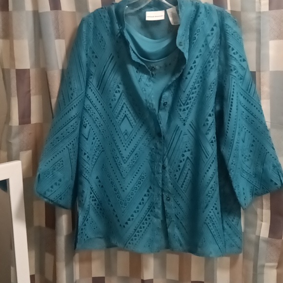 FINAL PRICE alfred dunner teal sheer 2-pc jacket set w brown trim & buttons 14 - Picture 2 of 12
